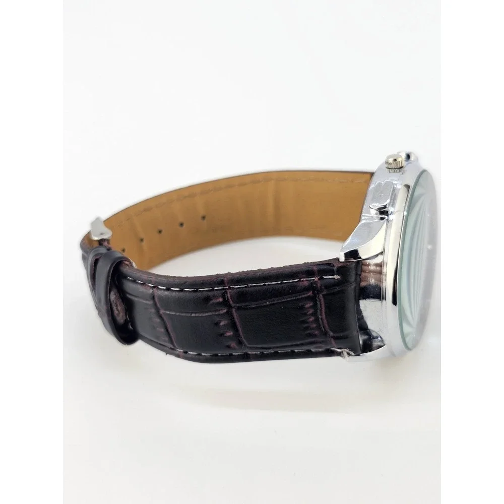 Men's Analog Watch 45MM Brown Dial Dark Brown Faux Leather Bands New Battery